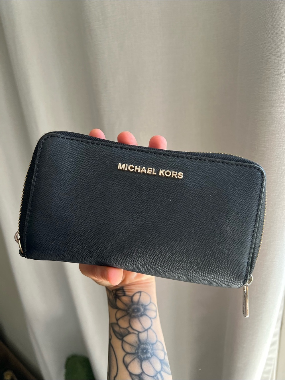 Michael Kors Black Saffiano Zip Wallet with Gold Logo